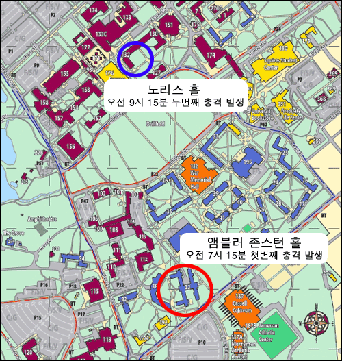 미국 버지니아 공대 캠퍼스 지도. 빨간색 원 안이 첫 총격이 발생한 곳이고, 파란색 원 안이 두번째 총격이 발생한 곳. 